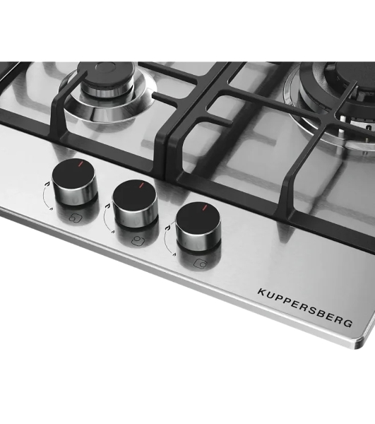 Варочная панель Kuppersberg FS 46 X, газ, High-Tech, 45 см, автоматический электроподжиг, газ-контроль, форсунки под сжиженый газ, SABAF конфорки, чугунные решетки, цвет нержавеющая сталь, цвет фурнитуры черный