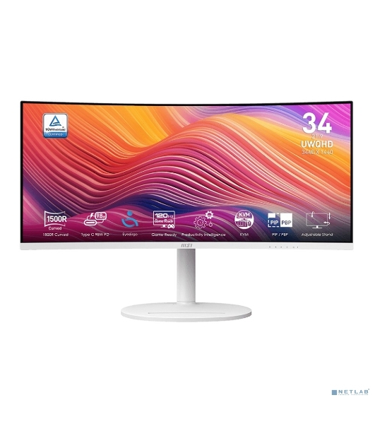 Монитор 34' MSI Modern MD342CQPW VA 3440x1440, 120 Гц, 4 мс, 21:9, 300 кд/м², 2xHDMI 2.0b, DP 1.4a, USB-C, USB Hub (2x USB 3.0), 3.5 Jack, динамики (2x3 Вт), Adaptive-Sync, изогнутый экран (1500R), белый