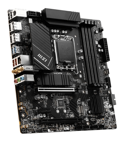 Материнская плата MSI PRO B760M-A WIFI DDR4, LGA 1700, Intel B760, 4xDDR4, 4xSATA, 2xM.2, 1xPCI-E 4.0 x16, 1xPCI-E 4.0 x4, 1xPCI-E x1, 2xHDMI, 2xDP, 1x 2.5Gb LAN, 2xUSB-A 2.0, 2xUSB-A 3.2 Gen 1, 2xUSB-A 3.2 Gen 2, 3x3.5 мм, 7.1, Micro-ATX