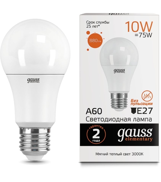 Лампа светодиодная Gauss Elementary 23210LED A60 E27 10W 3000K 1/40