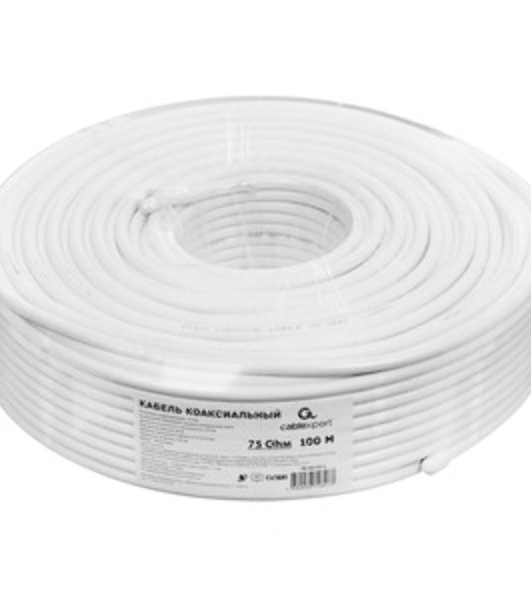 Кабель коаксиальный Cablexpert, RG-6U-CU-1, 75 Ом, 64%, 0,8 мм, медь, белый, 100 м