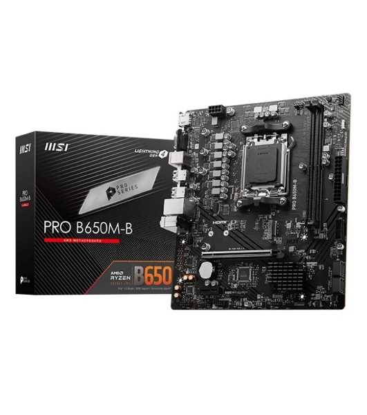 Материнская плата MSI PRO B650M-B, AM5, AMD B650, 2xDDR5, 4xSATA, 1xM.2, 1xPCI-E 4.0 x16, 1xPCI-E 4.0 x1, 1xHDMI, 1xVGA, 1x2.5Gb LAN, 2xUSB 2.0, 4xUSB 3.2 Gen 1, 3x3.5 мм, 7.1, Micro-ATX