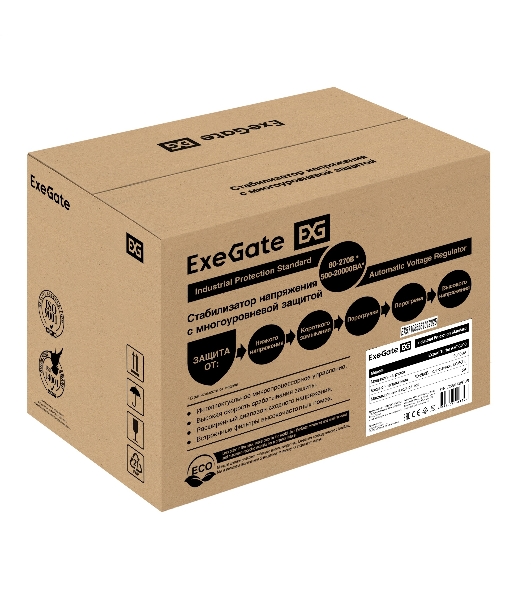 Стабилизатор напряжения ExeGate Expert Turbo AST-3000 (3000ВА, вход 80-260В, цветной дисплей, выход 220В±8%, КПД 98%, 5 уровней защиты, метал. корпус, 2*Schuko+клем.колодка, RTL)