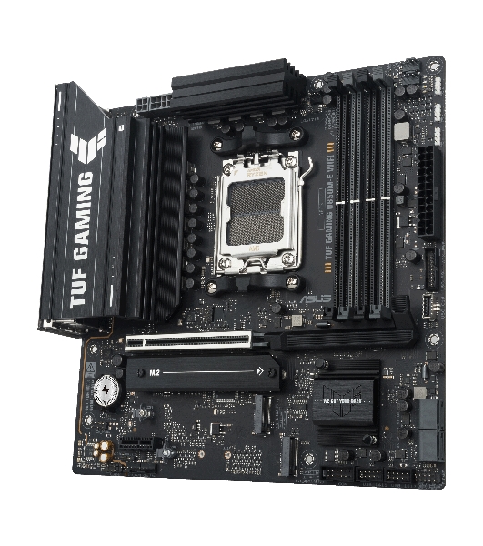 Материнская плата ASUS TUF GAMING B850M-E WIFI, AM5, AMD B850, 4xDDR5, 4xSATA, 3xM.2, 1xPCIe 5.0 x16, 1xPCIe 4.0 x16, 1xPCIe 3.0 x1, 1xHDMI (v2.1), 2xDP (v1.4), 1x2.5Gb LAN, Wi-Fi 6E, Bluetooth 5.3, 1xUSB-C 10Gbps, 2xUSB-A 10Gbps, 2xUSB-A 5Gbps, 4xUSB-A 2.0, 1xPS/2, 3x3.5 мм, 7.1, mATX