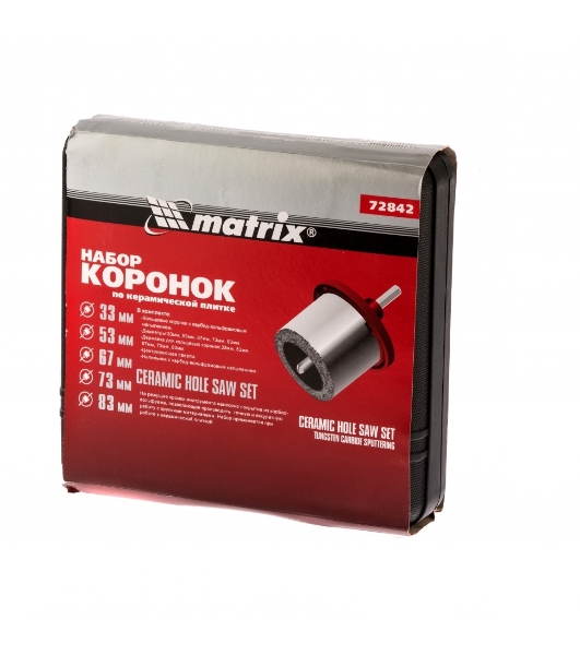 Набор коронок Matrix по керамич. плитке, 33-53-67-73-83 мм + напил., в пласт.боксе, 6-гран.хвост.