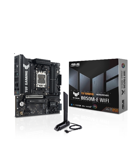 Материнская плата ASUS TUF GAMING B850M-E WIFI, AM5, AMD B850, 4xDDR5, 4xSATA, 3xM.2, 1xPCIe 5.0 x16, 1xPCIe 4.0 x16, 1xPCIe 3.0 x1, 1xHDMI (v2.1), 2xDP (v1.4), 1x2.5Gb LAN, Wi-Fi 6E, Bluetooth 5.3, 1xUSB-C 10Gbps, 2xUSB-A 10Gbps, 2xUSB-A 5Gbps, 4xUSB-A 2.0, 1xPS/2, 3x3.5 мм, 7.1, mATX
