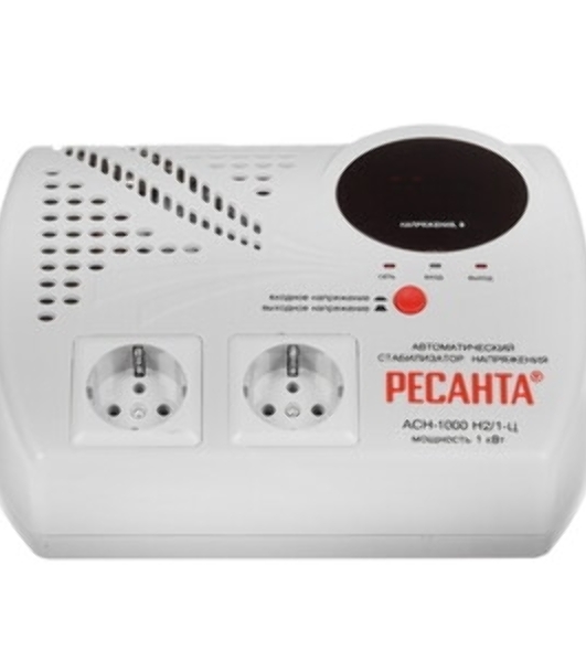 Стабилизаторы напряжения Ресанта АСН-1 000 Н2/1-Ц 63/6/13 Стабилизатор 2 роз, 220В±8%, Габариты 260х200х110, Вес 3,7кг