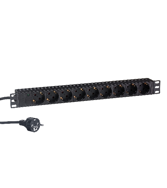 Блок розеток горизонтальный ExeGate ServerPro PDU-19H903 Al-9S-EU2, 19', 1U, Алюминий, 9 Schuko, кабель с евровилкой VDE-250V-16A-3*1.5мм2, 2 метра, черный