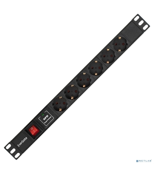 Блок розеток горизонтальный ExeGate ServerPro PDU-19H609 Al-6S-C14-2, 19', 1U, Алюминий, 6 Schuko, кабель с вилкой C14 VDE-250V-10A-3*1.0мм2, 2 метра, выкл. с подсветкой, SPD1, черный