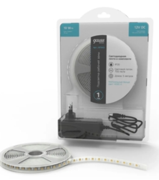 Лента светодиодная Basic Gauss 12V 10W/m 700lm/m 4000K IP20 LED 5m 1/100