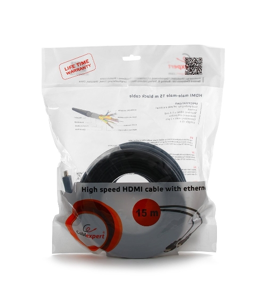 Кабель Cablexpert HDMI CC-HDMI4-15M, 19M/19M, v2.0, медь, позол.разъемы, экран, 15м, черный, пакет