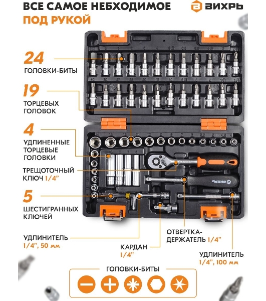 Набор инструментов ВИХРЬ 1/4', CrV, пластиковый кейс 57 предм
