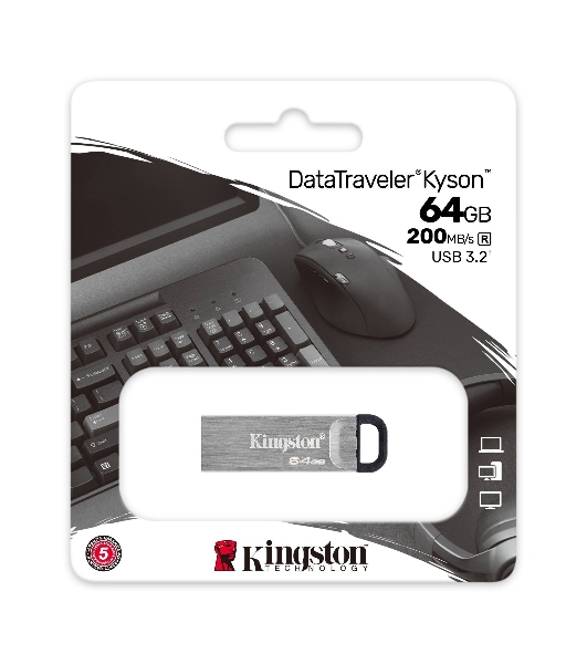 Флешка USB Kingston DataTraveler KYSON (DTKN/64GB), 64Gb, USB 3.2 Gen 1, R/W 200/60, серебристый/черный