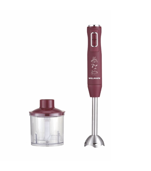 Блендер погружной Willmark WHB-1250PS (500Вт,рег.скор,турбо режим,Soft touch, измельчитель,бордовый)