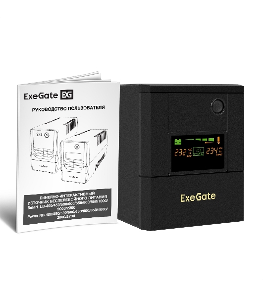 Источник бесперебойного питания ExeGate Smart LB-2200.LCD.AVR.4SH (2200VA/1300W, цветной LCD, AVR, 4*Schuko, батарея 12V 9Ah - 2 шт., металлический корпус, Black)