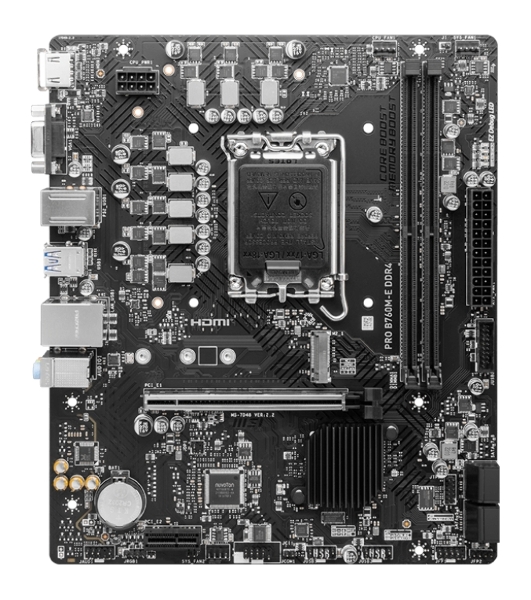 Материнская плата MSI PRO B760M-E DDR4, LGA 1700, Intel B760, 2xDDR4, 4xSATA, 1xM.2, 1xPCIe 4.0 x16, 1xPCIe 4.0 x1, 1xHDMI, 1xVGA, 1x1Gb LAN, 2xUSB-A 3.2 Gen 1, 4xUSB-A 2.0, 3x3.5 мм, 7.1, mATX