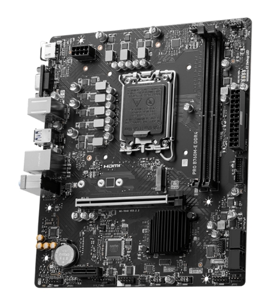 Материнская плата MSI PRO B760M-E DDR4, LGA 1700, Intel B760, 2xDDR4, 4xSATA, 1xM.2, 1xPCIe 4.0 x16, 1xPCIe 4.0 x1, 1xHDMI, 1xVGA, 1x1Gb LAN, 2xUSB-A 3.2 Gen 1, 4xUSB-A 2.0, 3x3.5 мм, 7.1, mATX