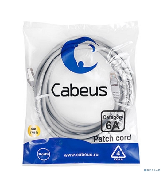 Шнур комм. Cabeus, кат. 6A, экр., S/FTP, RJ45/RJ45, LSZH, AWG26, 5м, серый
