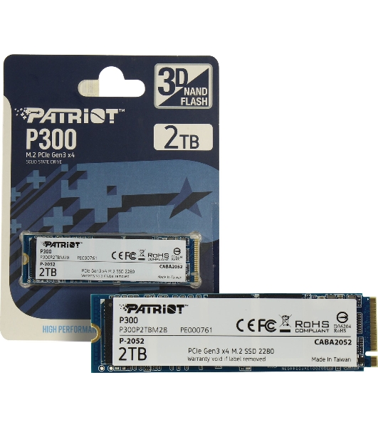 Накопитель SSD Patriot P300, 2Tb, PCIe 3.0 x4, M.2 2280, NVMe, R/W 2100/1650
