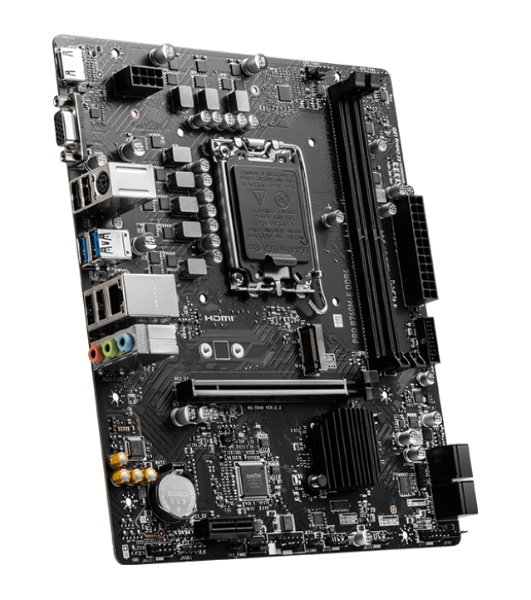Материнская плата MSI PRO B760M-E DDR4, LGA 1700, Intel B760, 2xDDR4, 4xSATA, 1xM.2, 1xPCIe 4.0 x16, 1xPCIe 4.0 x1, 1xHDMI, 1xVGA, 1x1Gb LAN, 2xUSB-A 3.2 Gen 1, 4xUSB-A 2.0, 3x3.5 мм, 7.1, mATX