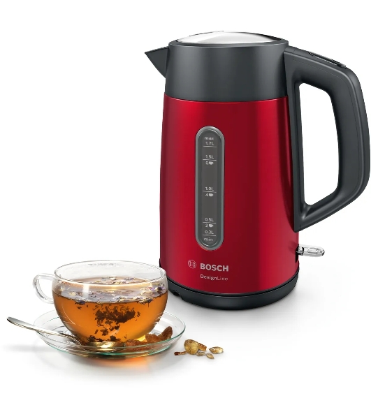 Электрочайник Bosch TWK4P434 красный, 1.7 л, 2400 Вт, скрытый нагревательный элемент