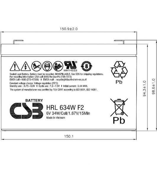 Аккумулятор 6V 9Ah CSB HRL634W (HRL634WF2FR) клеммы F2, огнеупорные