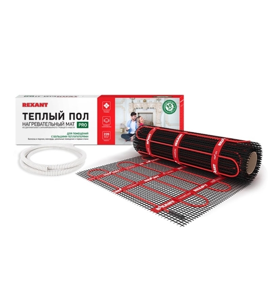 Теплый пол (нагревательный мат) Rexant PRO (RNX -1,5-330 площадь1,5 м² (0,5х3,0 м)), 330 Вт, двухжильный с экраном