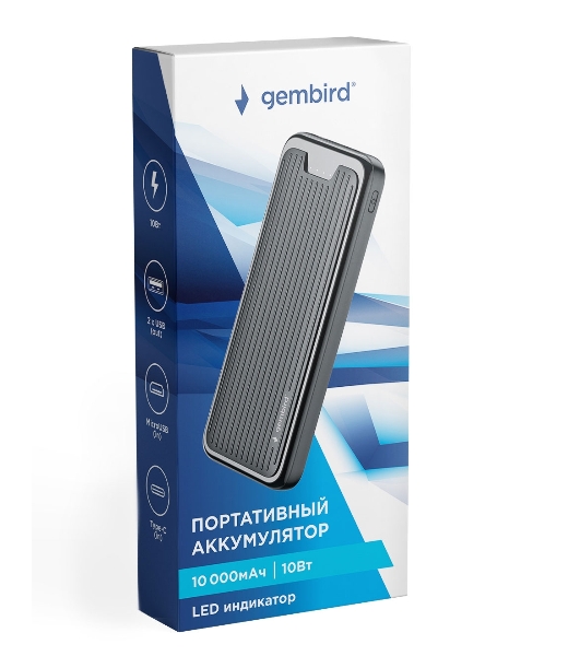 Портативный аккумулятор Gembird GPB-10, 10000мА·ч, 2A, черный