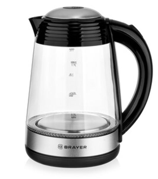 Чайник электрический BRAYER BR1012 2200 Вт, 1.7 л, высококач.стекло, подсвет, автоотключ при закипании