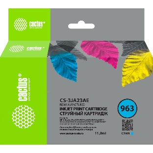 Картридж струйный Cactus CS-3JA23AE 963 голубой пигментный (11 мл) для HP OfficeJet 9010/9012/9013/9014/9015/9016/9019/9020/90254