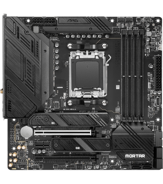 Материнская плата MSI MAG B650M MORTAR WIFI, AM5, AMD B650, 4xDDR5, 6xSATA, 2xM.2, 1xPCI-E 4.0 x16, 1xPCI-E 4.0 x4, 1xHDMI, 1xDP, 1x2.5Gb LAN, 3xUSB 3.2 Gen 2, 4xUSB 3.2 Gen 1, 1xUSB-C 3.2 Gen 2x2, 5x3.5мм аудио, 7.1, Micro-ATX