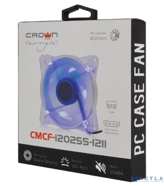 Вентилятор для корпуса Crown CMCF-12025S-1211 прозрачный/синий, 120 мм, 1650 об/мин, 28 дБ, 3 pin