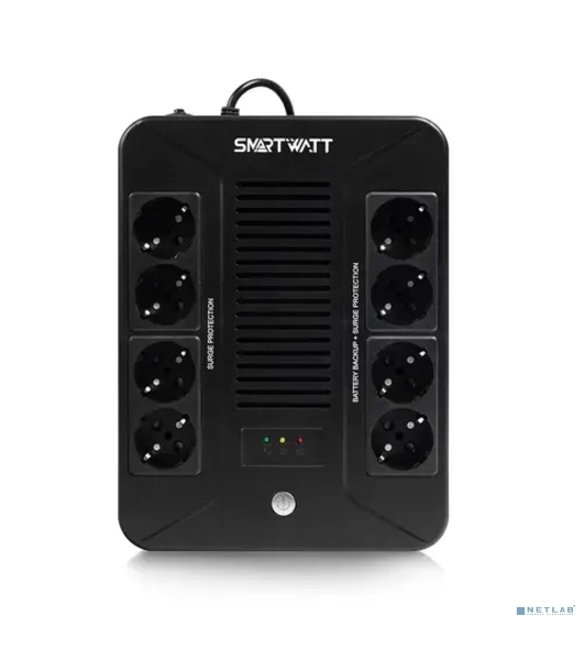 Источник бесперебойного питания SMARTWATT UPS SAFE PRO 1000 черный 1000/600 ВА/Вт, линейно-интерактивный, напольный/настенный, LED индикация, Shuko CEE7/4 - 8 шт. (4 шт. с резервным питанием, 4 шт. - сетевой фильтр)