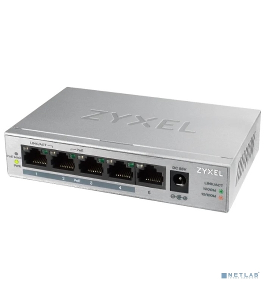 Коммутатор Zyxel GS1005HP Switch PoE +, 5xGE (4xPoE +), desktop, metal, silent, PoE budget 60 W
