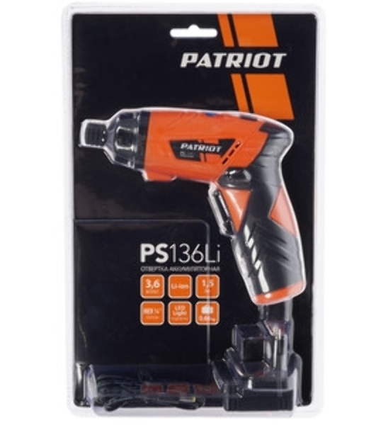 Отвертка аккумуляторная PATRIOT PS 136Li Li-Ion, 3.6 В/1,5 Ач, Реверс, 200 об/мин, 3,5 Нм, патрон: НЕХ 1/4'