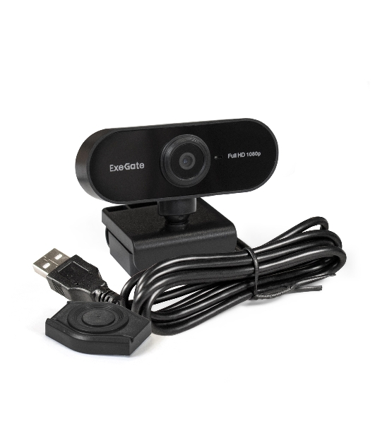 Веб-камера ExeGate EX287379RUS Stream C925 FullHD T-Tripod (матрица 1/3' 2 Мп, 1920х1080, 1080P, 30fps, 4-линзовый объектив, шторка, фиксированный фокус, USB, микрофон с шумоподавлением, поворотное крепление, телескопический штатив Tripod Tele Ball, кабель 1,5 м, поддержка H.264, Win Vista/7/8/10, Mac OS, черная)