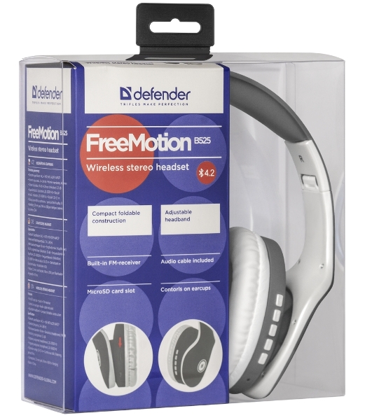 Беспроводные/проводные наушники Defender FreeMotion B525 серый/белый, накладные, Bluetooth + проводной, до 8 ч