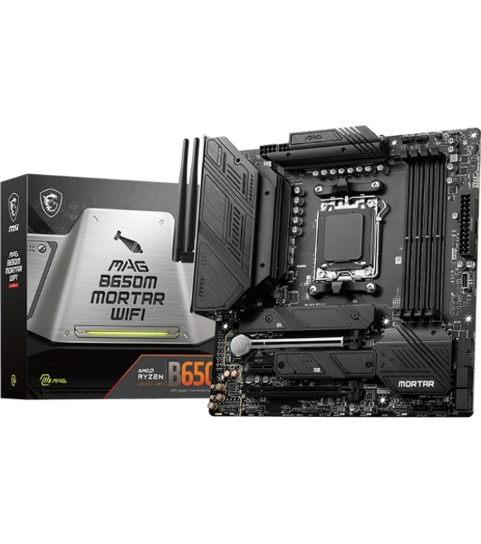 Материнская плата MSI MAG B650M MORTAR WIFI, AM5, AMD B650, 4xDDR5, 6xSATA, 2xM.2, 1xPCI-E 4.0 x16, 1xPCI-E 4.0 x4, 1xHDMI, 1xDP, 1x2.5Gb LAN, 3xUSB 3.2 Gen 2, 4xUSB 3.2 Gen 1, 1xUSB-C 3.2 Gen 2x2, 5x3.5мм аудио, 7.1, Micro-ATX