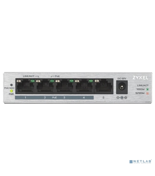 Коммутатор Zyxel GS1005HP Switch PoE +, 5xGE (4xPoE +), desktop, metal, silent, PoE budget 60 W