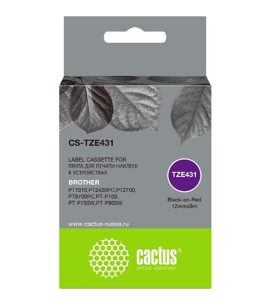 Картридж ленточный Cactus CS-TZE431 черный шрифт, красный фон (12 мм, 8 м) для Brother 1010/1280/1280VP/2700VP