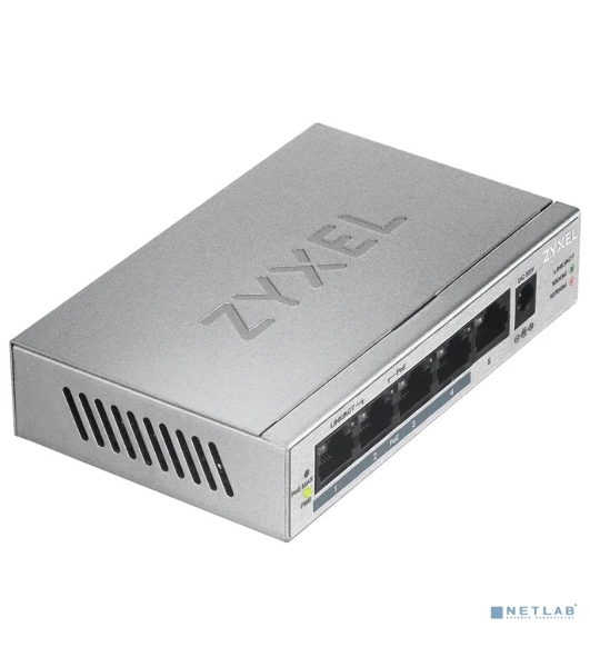 Коммутатор Zyxel GS1005HP Switch PoE +, 5xGE (4xPoE +), desktop, metal, silent, PoE budget 60 W