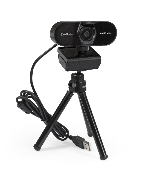 Веб-камера ExeGate EX287379RUS Stream C925 FullHD T-Tripod (матрица 1/3' 2 Мп, 1920х1080, 1080P, 30fps, 4-линзовый объектив, шторка, фиксированный фокус, USB, микрофон с шумоподавлением, поворотное крепление, телескопический штатив Tripod Tele Ball, кабель 1,5 м, поддержка H.264, Win Vista/7/8/10, Mac OS, черная)