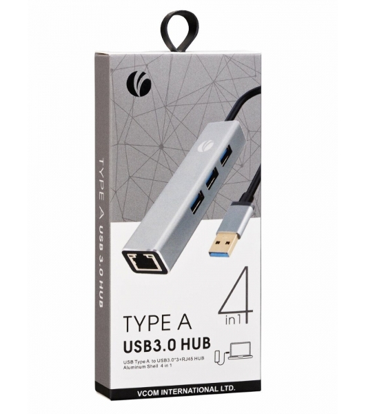 Переходник VCOM USB 3.0 -->RJ-45 1000Mbps+3 USB3.0, Aluminum Shell, 0.2м DH312A