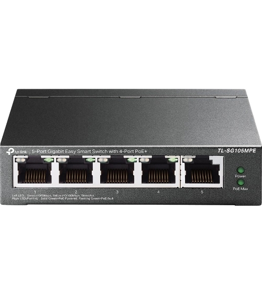 Коммутатор TP-Link TL-SG105MPE Easy Smart с 5 гигабитными портами (4 порта PoE+), 802.3af/at, бюджет PoE — 120 Вт, стальной корпус