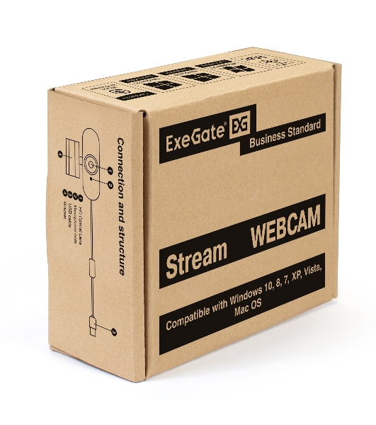 Веб-камера ExeGate EX287379RUS Stream C925 FullHD T-Tripod (матрица 1/3' 2 Мп, 1920х1080, 1080P, 30fps, 4-линзовый объектив, шторка, фиксированный фокус, USB, микрофон с шумоподавлением, поворотное крепление, телескопический штатив Tripod Tele Ball, кабель 1,5 м, поддержка H.264, Win Vista/7/8/10, Mac OS, черная)