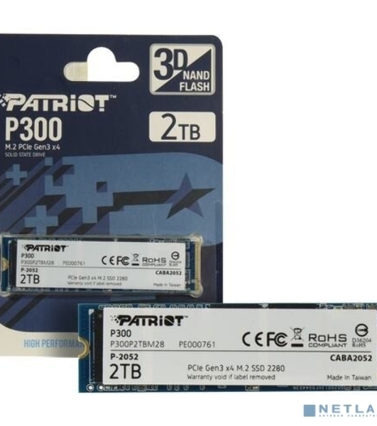 Накопитель SSD Patriot P300, 2Tb, PCIe 3.0 x4, M.2 2280, NVMe, R/W 2100/1650