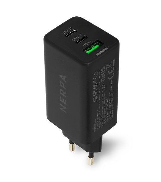 Сетевое зарядное устройство NERPA PD333CBX 65W GaN PD+QC3.0, 2xUSB-C, 1xUSB-A, USB-C - USB-C 100W cable 1.5m черный, EU plug, BOX