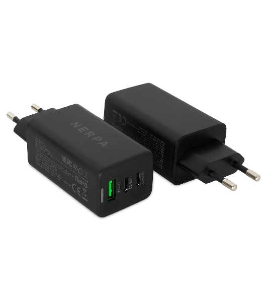 Сетевое зарядное устройство NERPA PD333CBX 65W GaN PD+QC3.0, 2xUSB-C, 1xUSB-A, USB-C - USB-C 100W cable 1.5m черный, EU plug, BOX