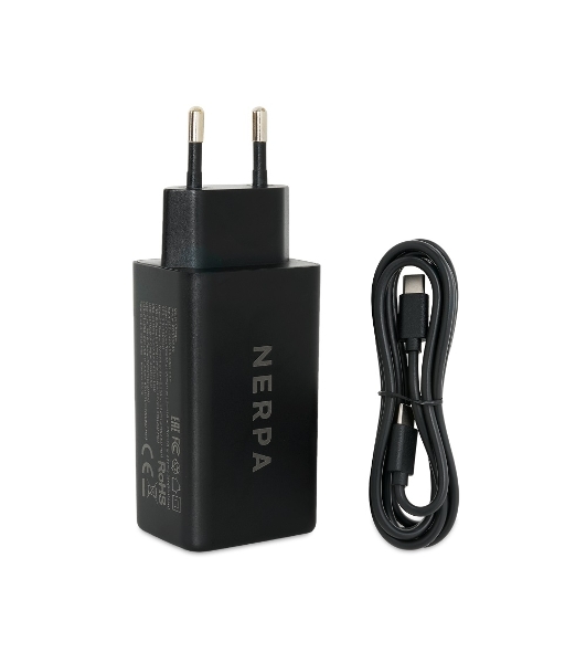 Сетевое зарядное устройство NERPA PD333CBX 65W GaN PD+QC3.0, 2xUSB-C, 1xUSB-A, USB-C - USB-C 100W cable 1.5m черный, EU plug, BOX