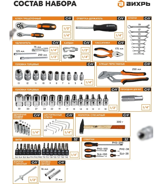 Набор инструментов, 1/2', 1/4', CrV, пластиковый кейс 76 предм